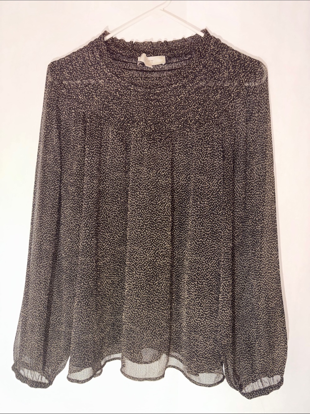 LOFT Black & Gold Smocked-Neck Long Sleeve Blouse